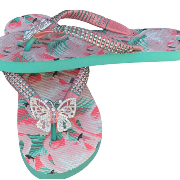 Adult Male Size 6-7, Women Size 7, Peach Flamingo, Crystal Butterfly - Picture 14 of 15